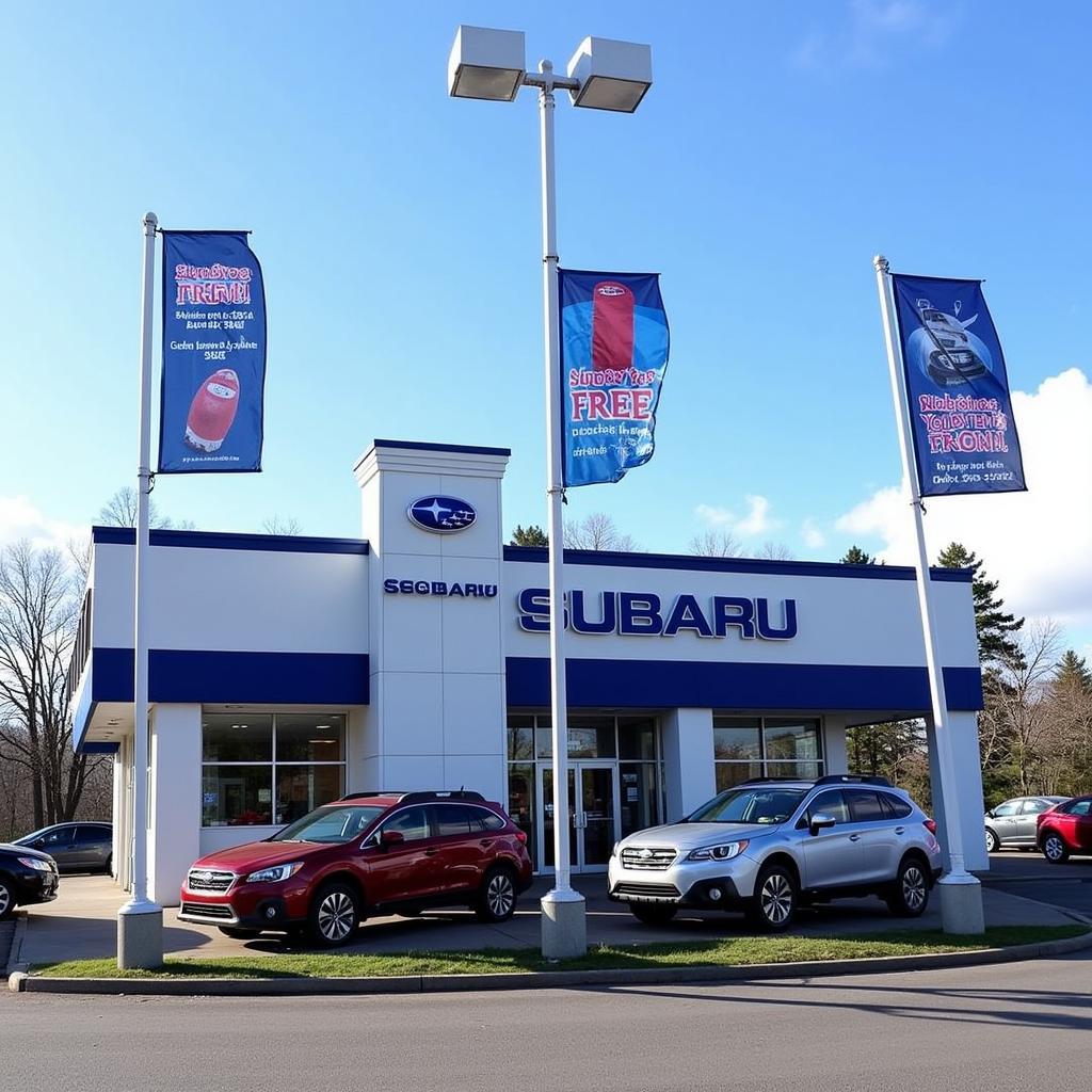 A Subaru dealership offering free gifts with a new car purchase.