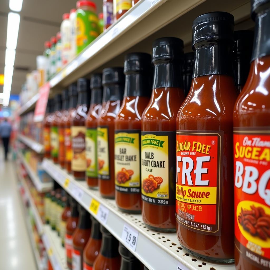 A variety of sugar free BBQ sauces on a supermarket shelf