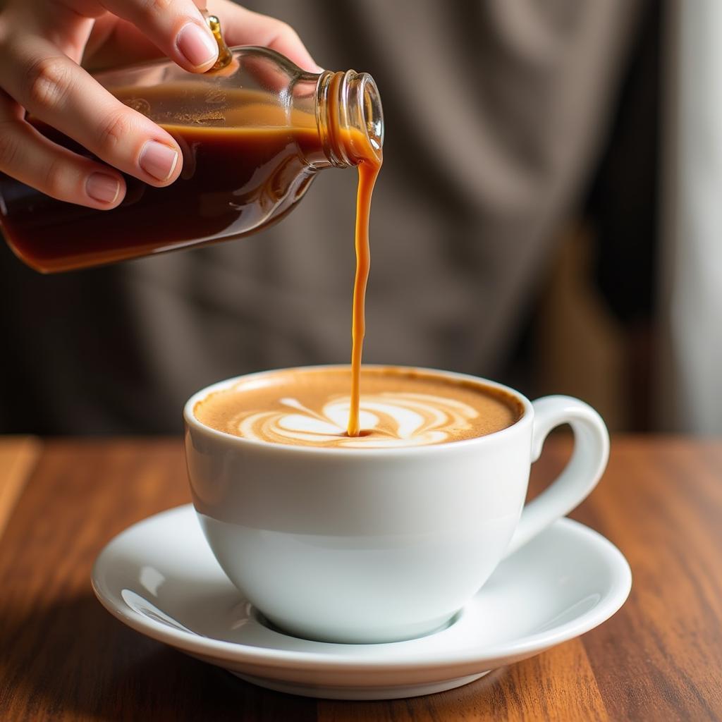 Sugar-free caramel syrup being poured over a cup of coffee