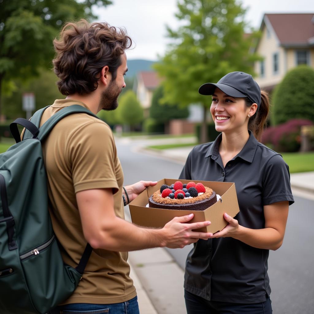 Sugar-free chocolate cake being delivered to a customer's doorstep