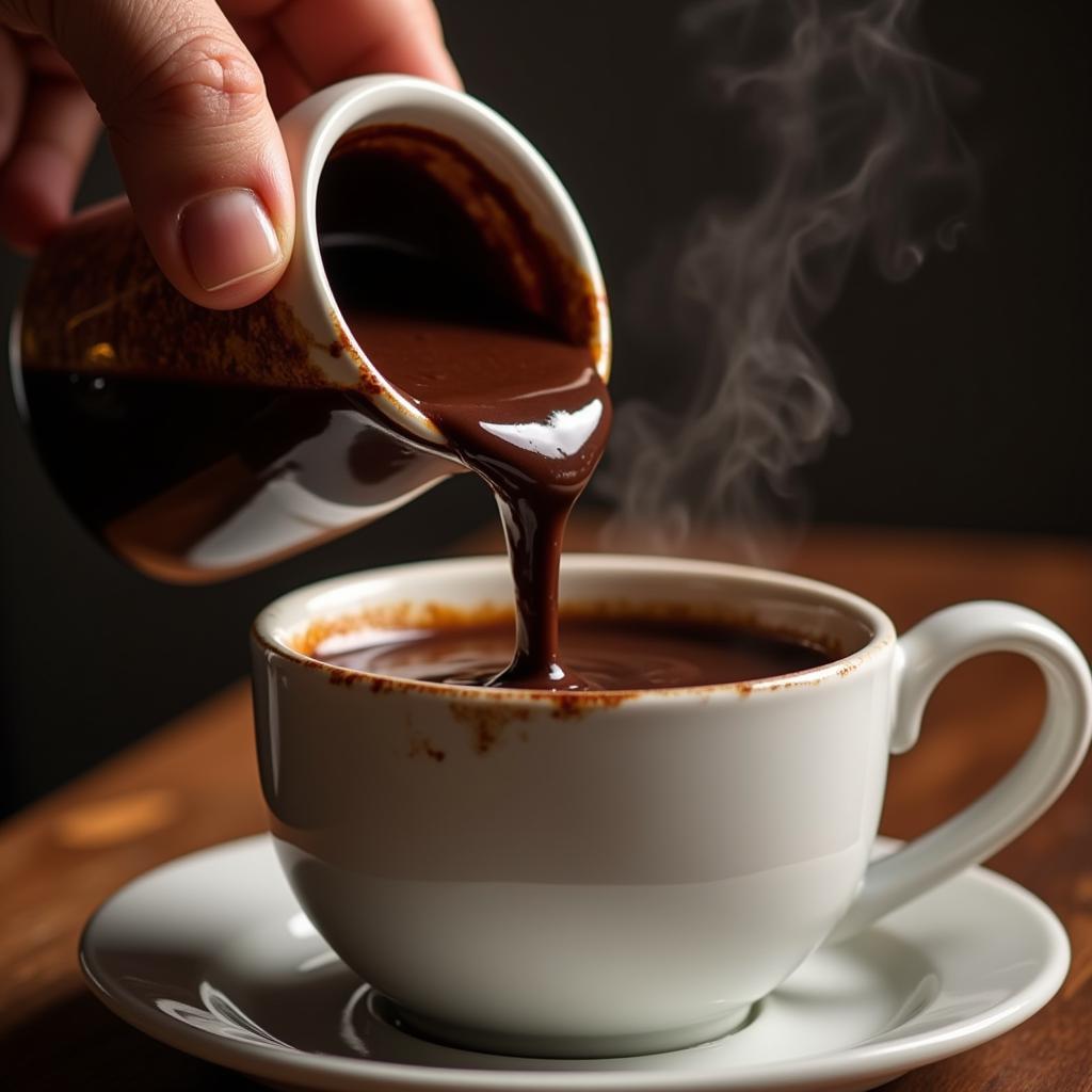 Pouring sugar free chocolate coffee syrup into a cup of coffee