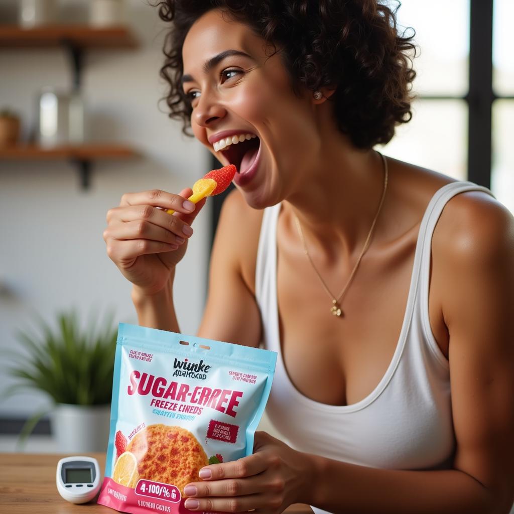 Close-up of a person enjoying sugar-free freeze-dried candy while checking their blood glucose levels.