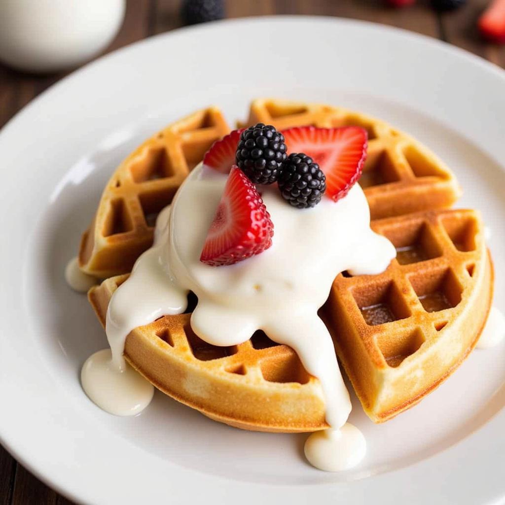 Sugar free marshmallow syrup drizzled over waffles