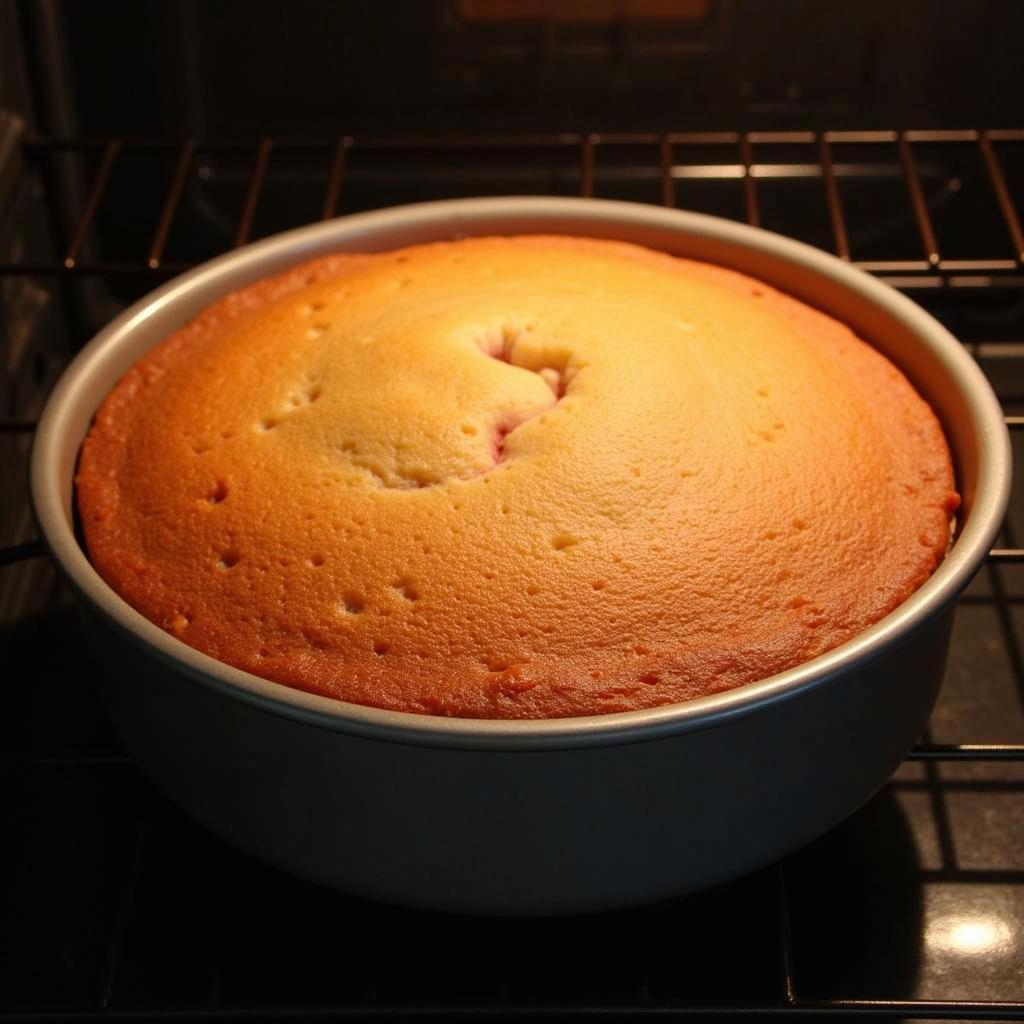 A sugar-free strawberry cake baking in the oven