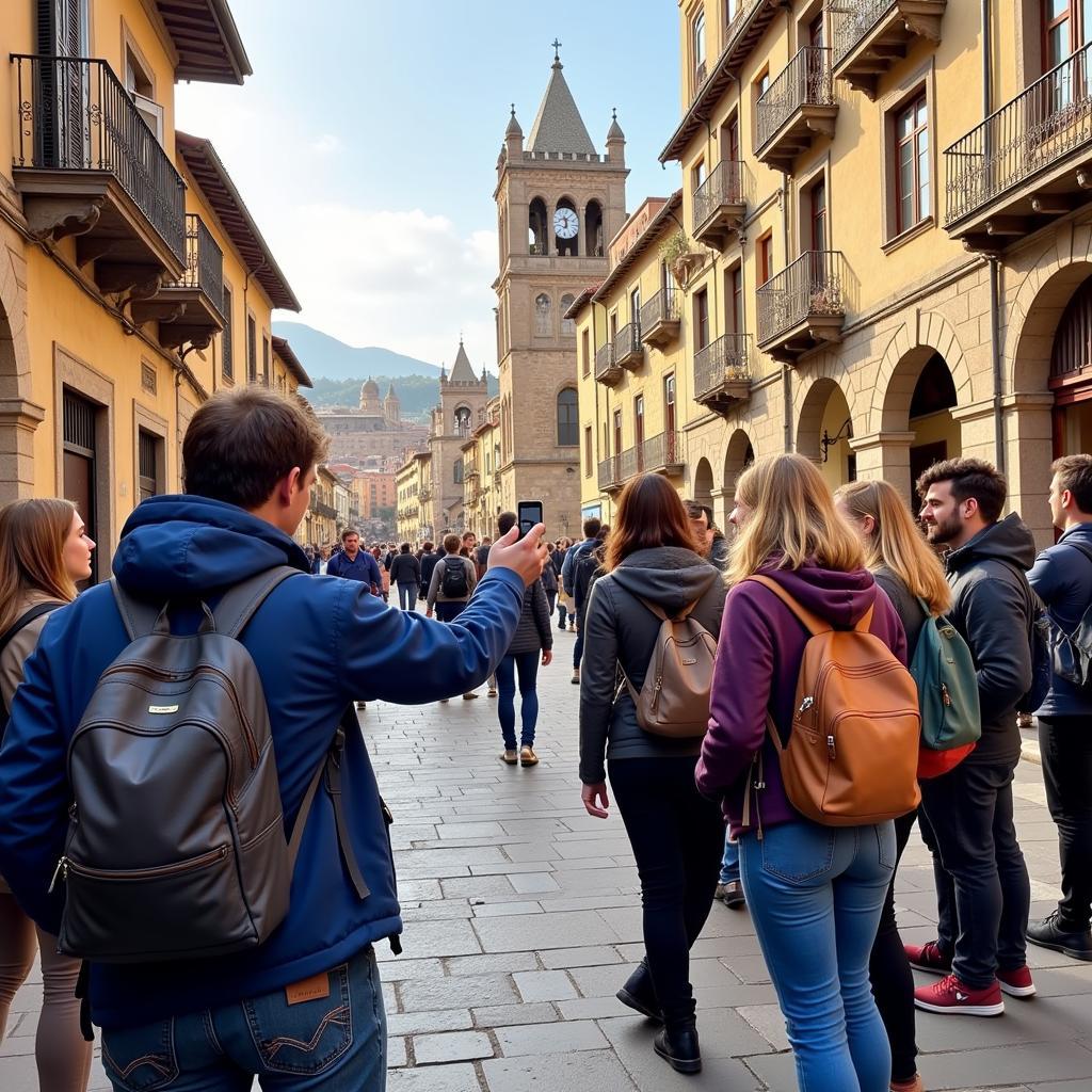 Group of tourists on a free walking tour in Toledo