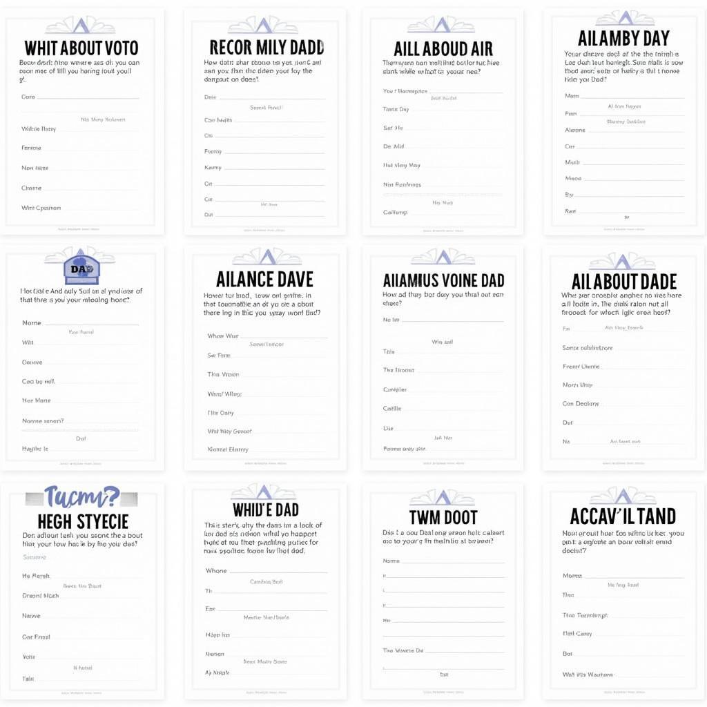 Several different styles of "All About Dad" questionnaires are displayed, showcasing a range of designs, questions, and age appropriateness.