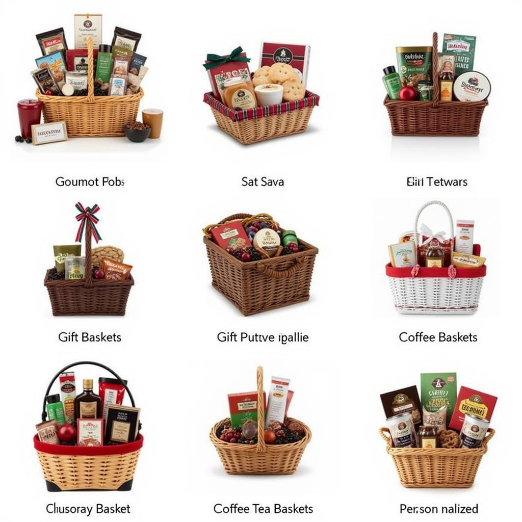 A diverse selection of holiday gift baskets showcasing different themes and contents.