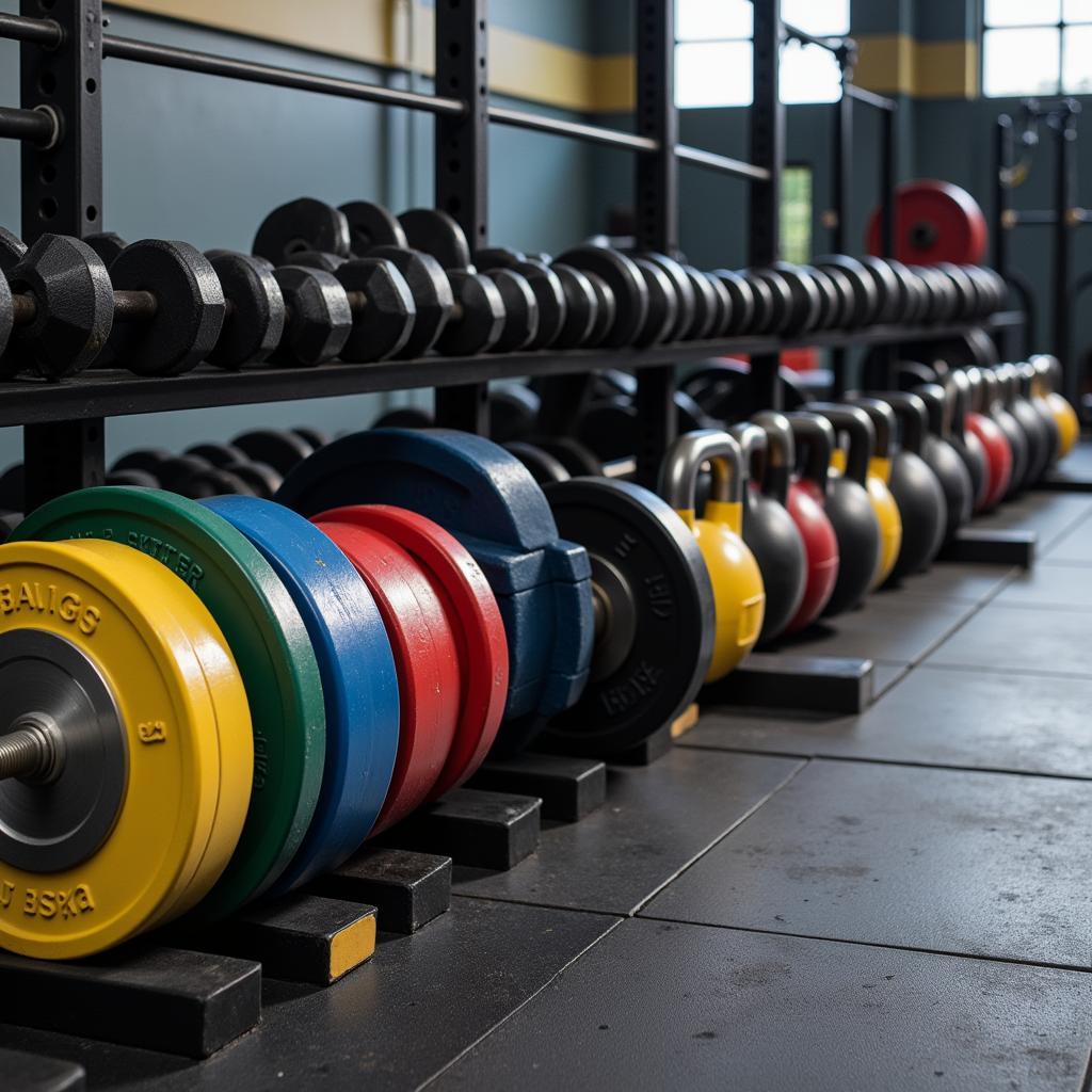 Various Free Weights Equipment on Gym Floor