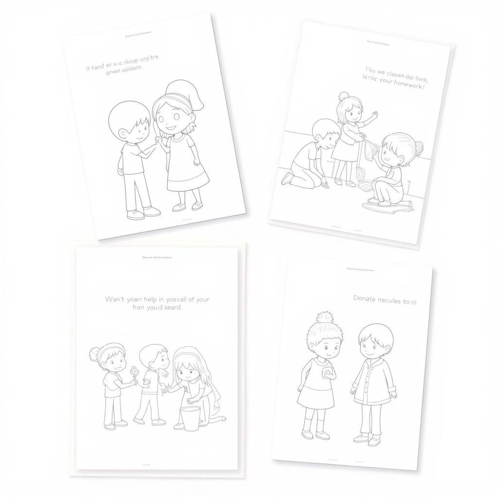 Assorted Kindness Coloring Pages Depicting Different Acts of Kindness