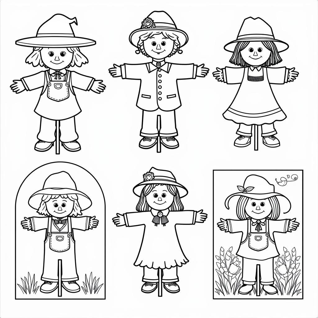 Various scarecrow coloring sheet designs catering to different age groups and skill levels, including simple outlines and complex illustrations.