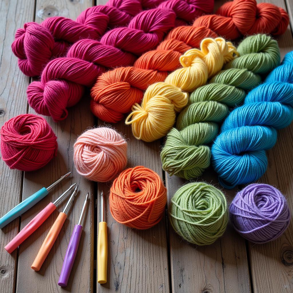 Colorful yarn and crochet hooks arranged on a wooden table.