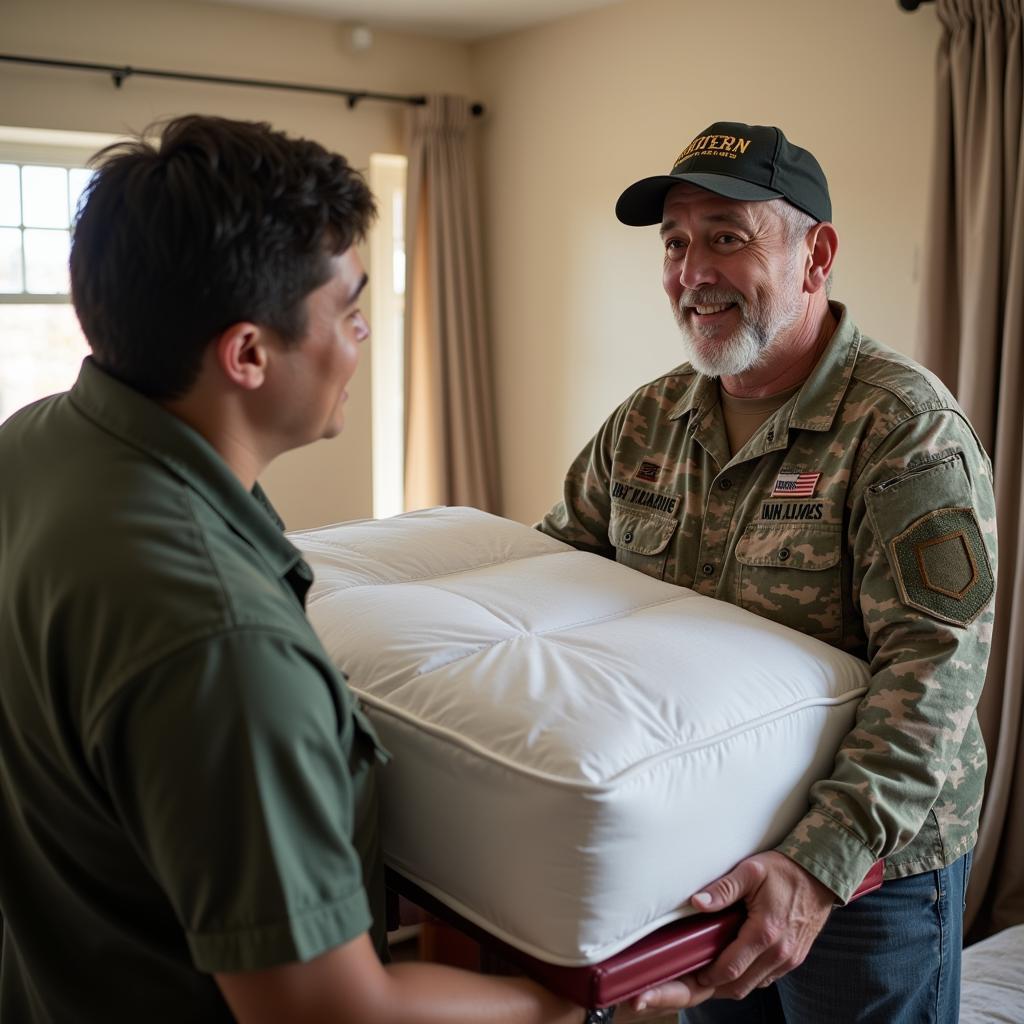 Veteran receiving a free bed from a charitable organization