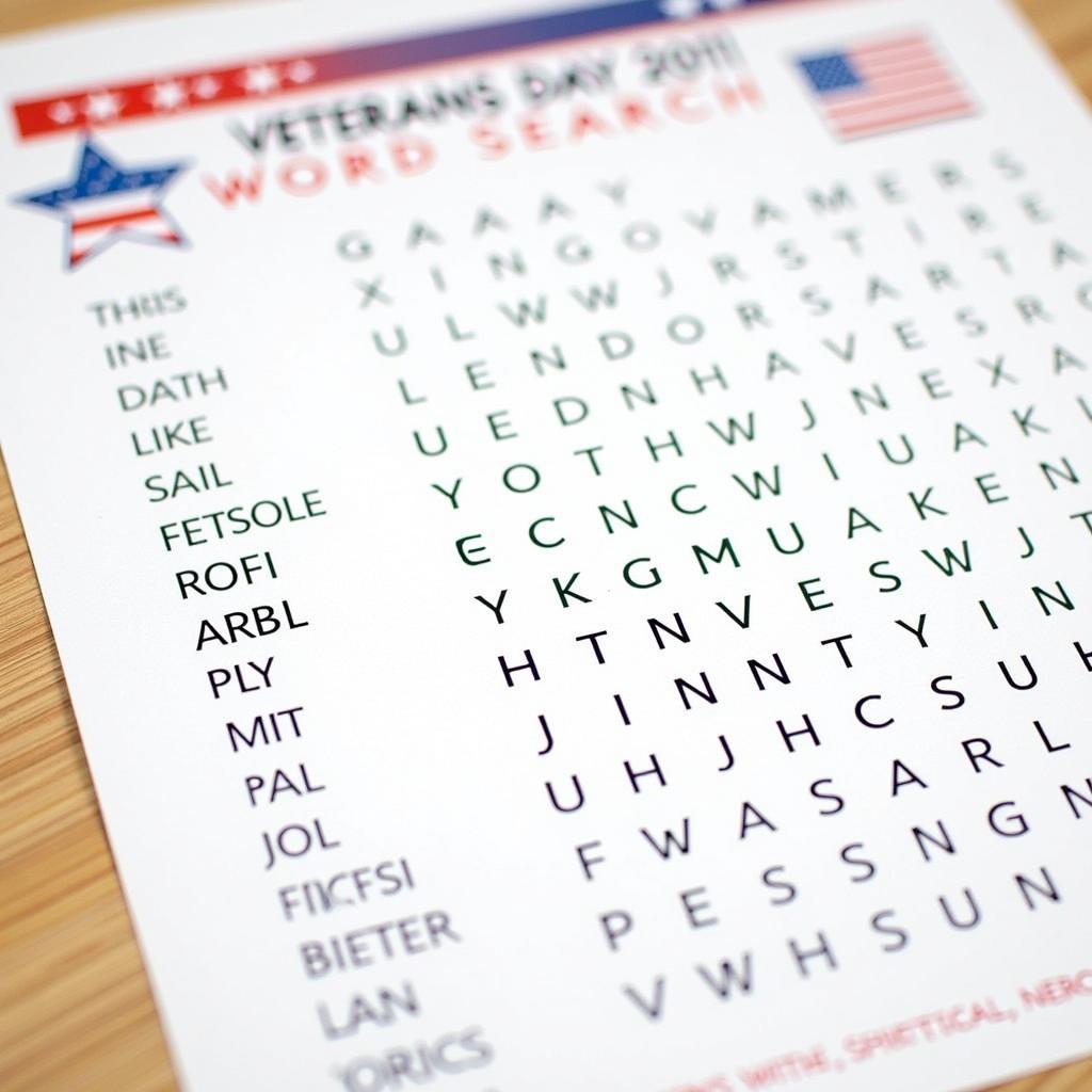 Veterans Day word search puzzle with patriotic theme