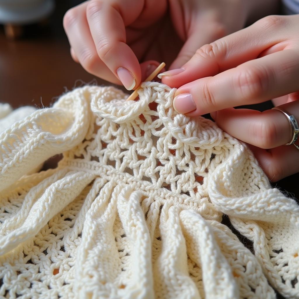 Close-up of a crocheter working on a vintage doll dress pattern, highlighting the intricate stitches and techniques.