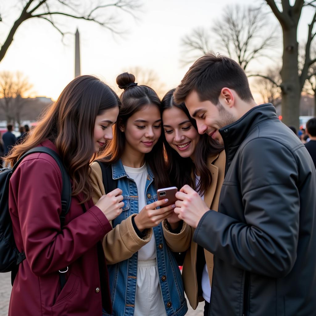 Group of friends using a scavenger hunt app in Washington DC