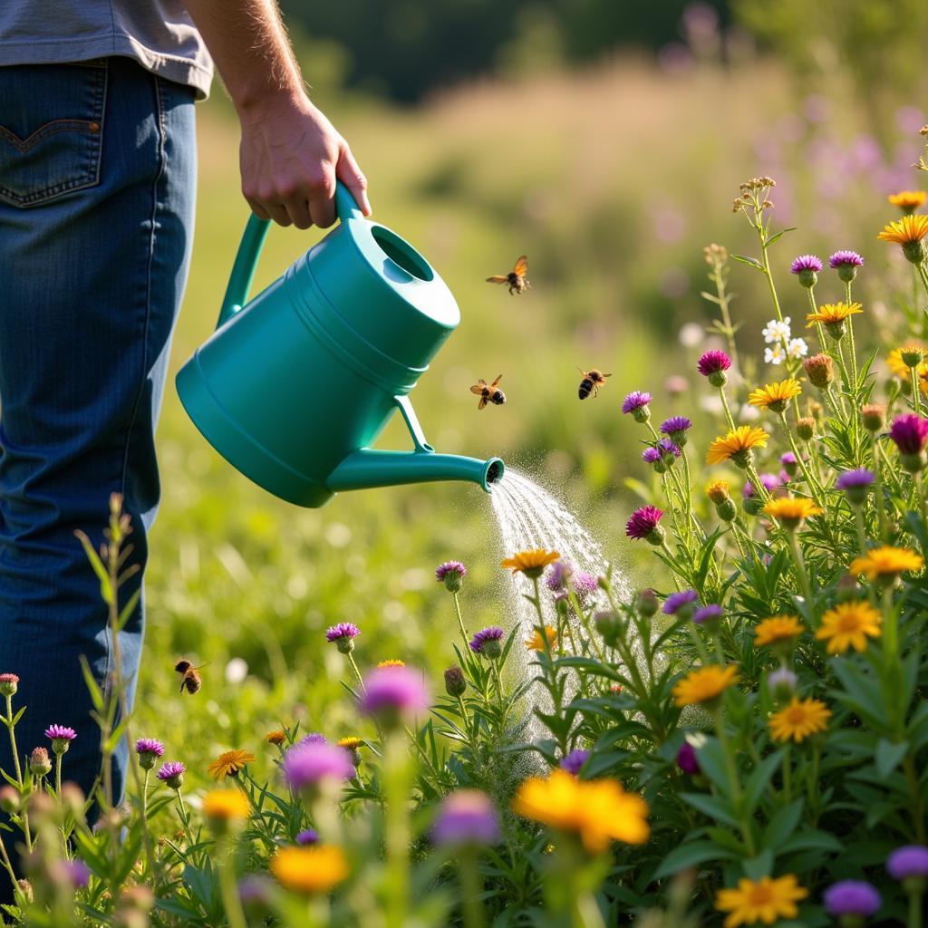 Watering a wildflower garden attracting bees and butterflies