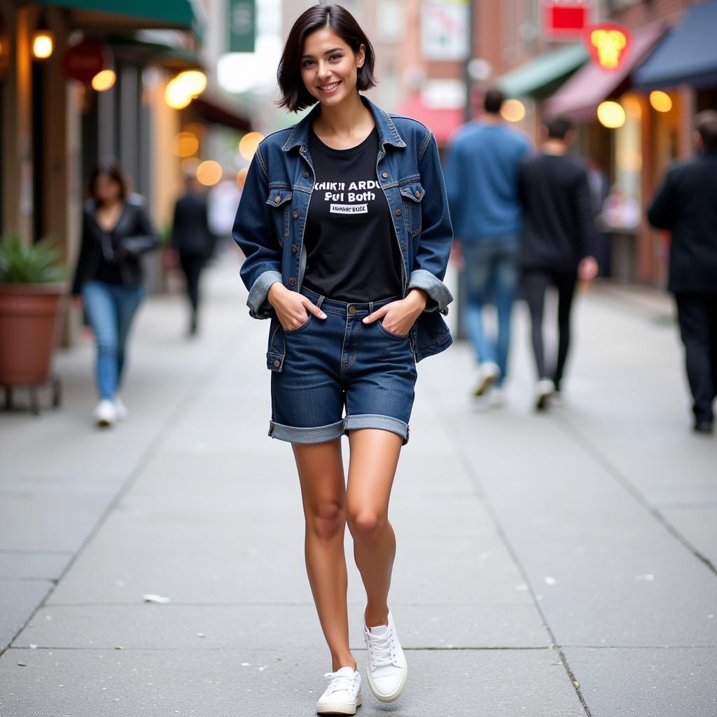 Woman wearing We The Free Big Sur Coast Boyfriend Shorts in a city setting