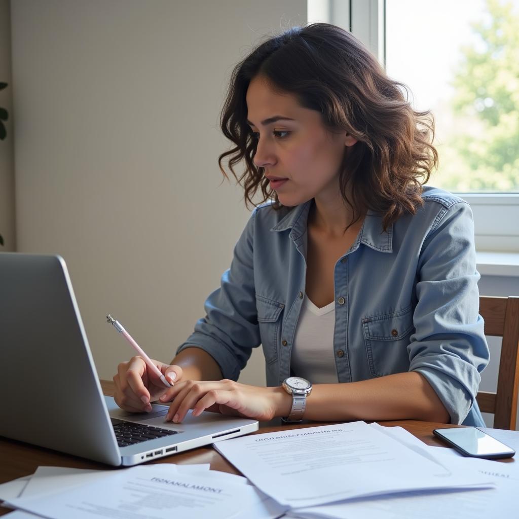 A woman completes an online application for a free mobility scooter.