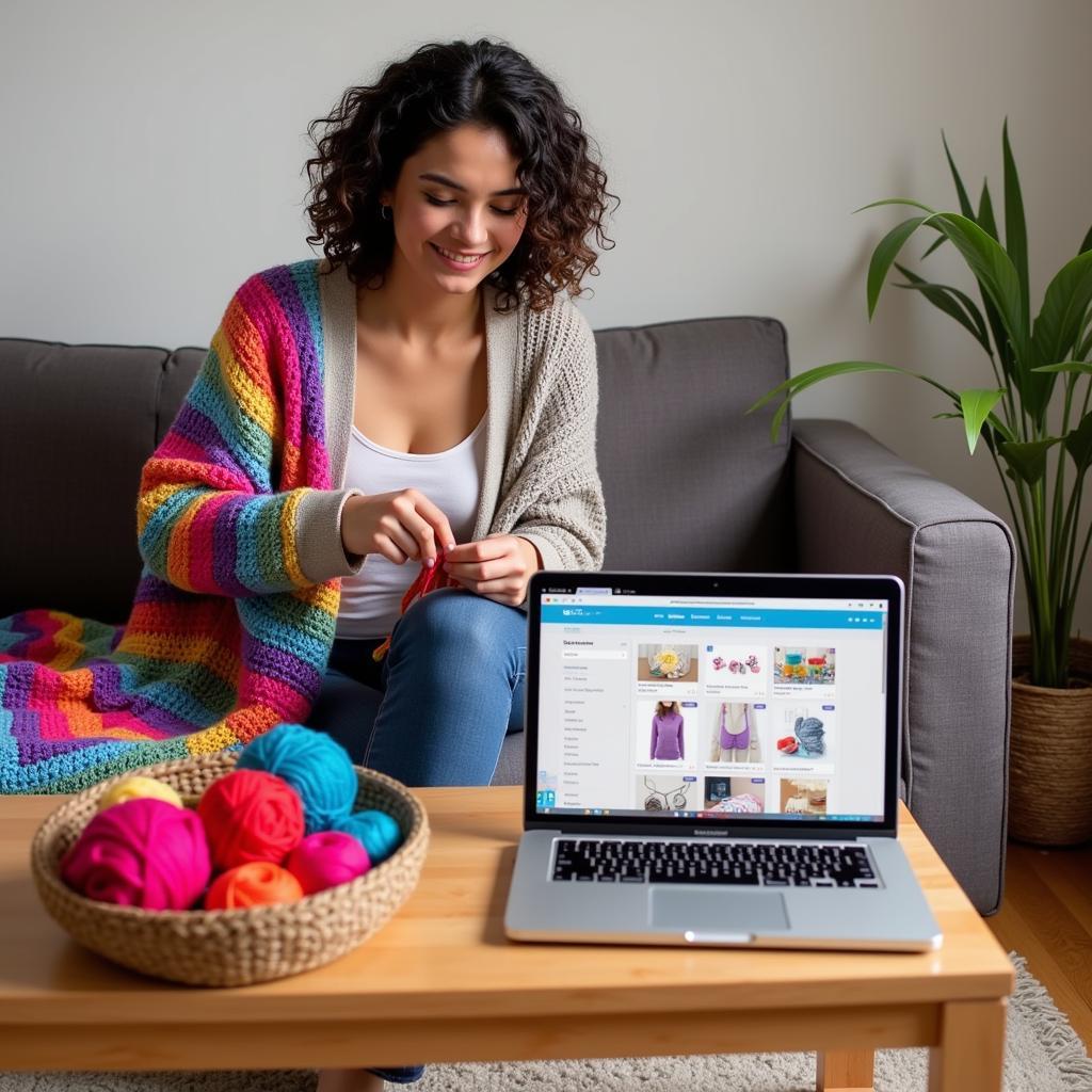 Woman crocheting a blanket while looking at free patterns on her laptop