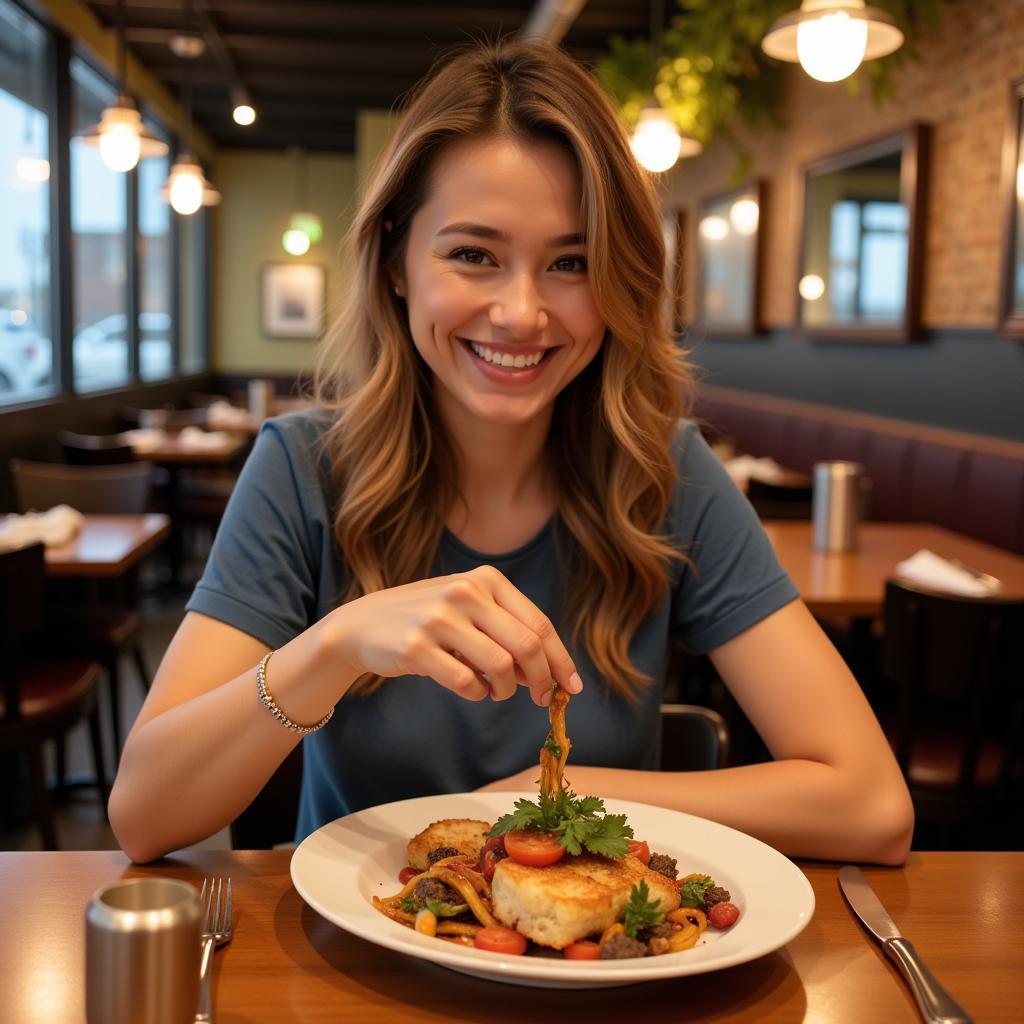 A woman smiling and enjoying a gluten-free meal at a restaurant