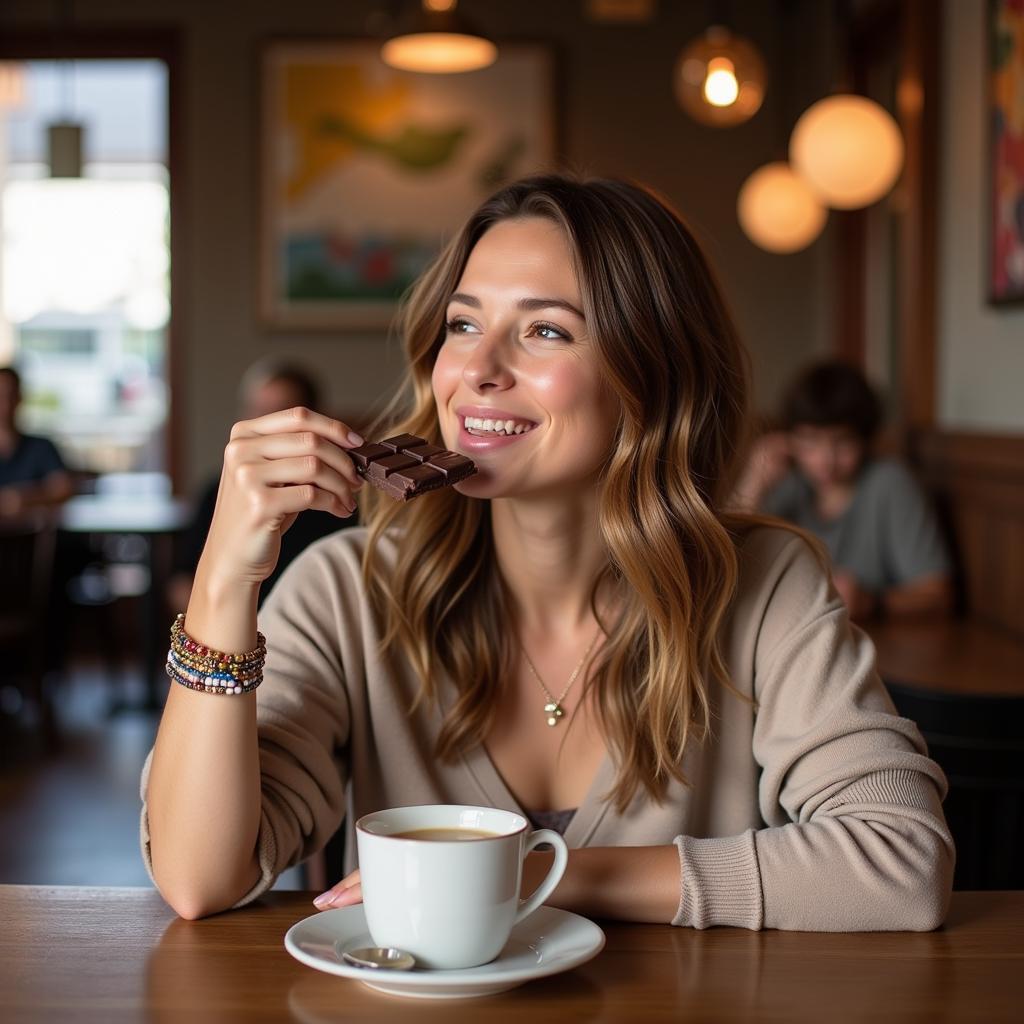 A woman smiling while enjoying a piece of soy-free chocolate.