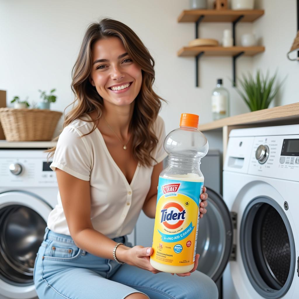 Woman Happily Doing Laundry with Her Free Sample Detergent