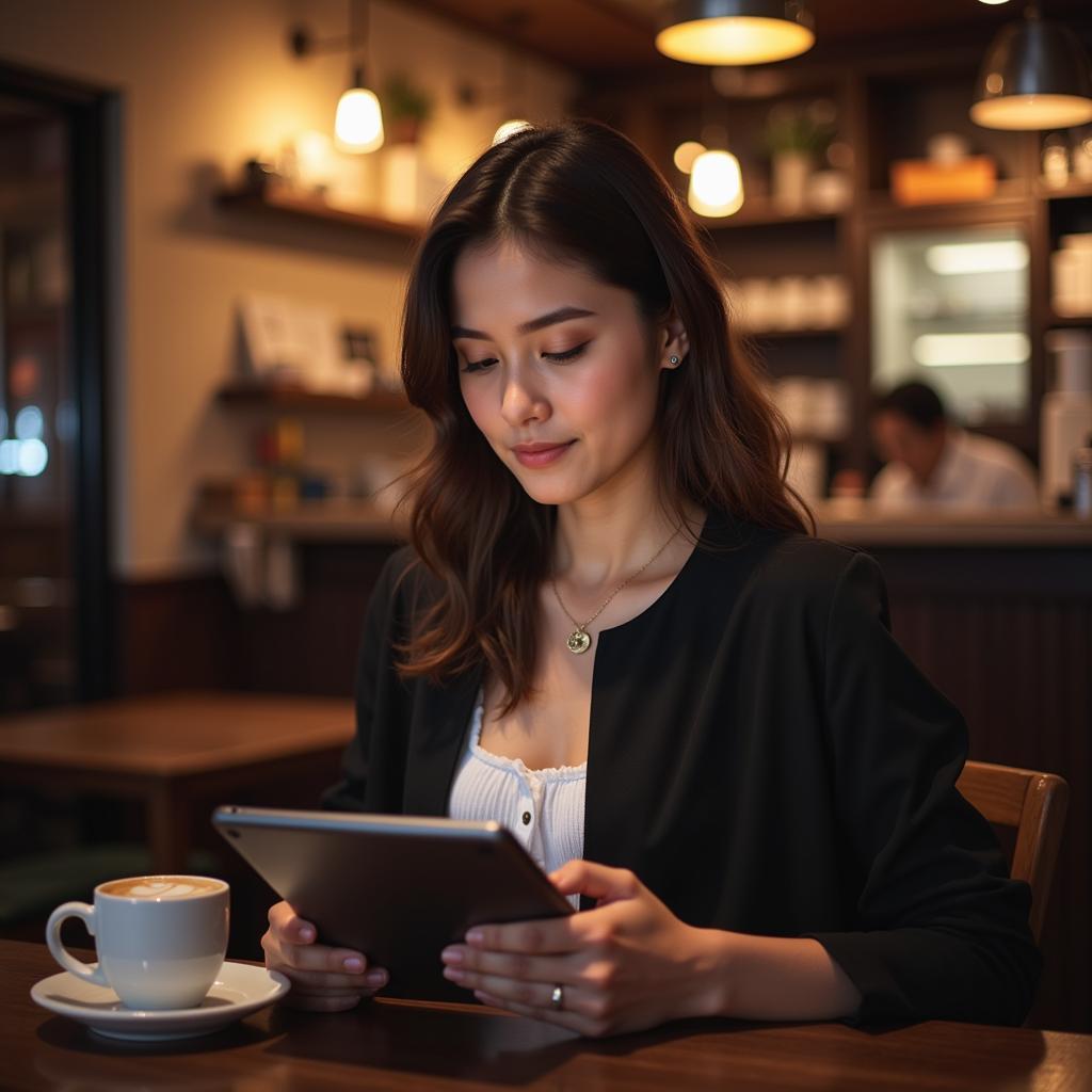 Woman Reading on Tablet in Cafe