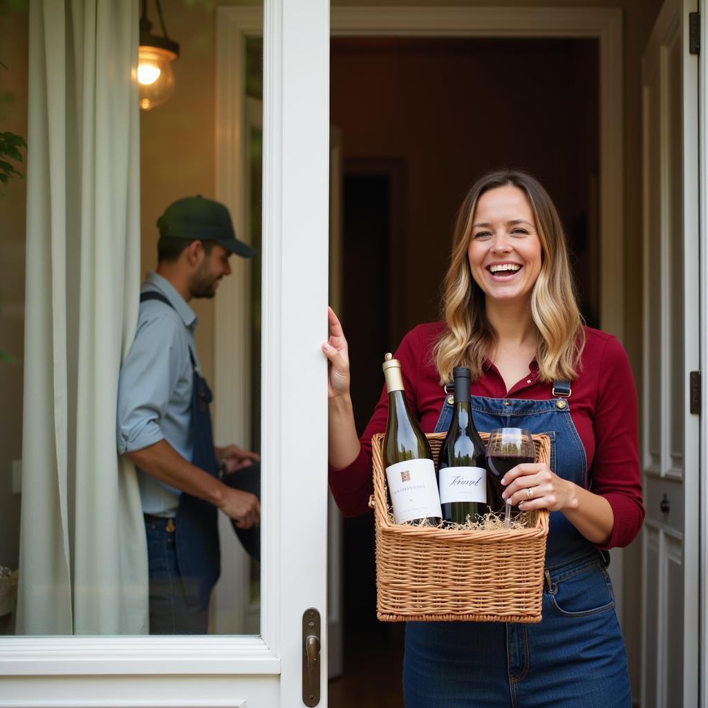 A woman happily receives a free delivery wine gift at her doorstep.