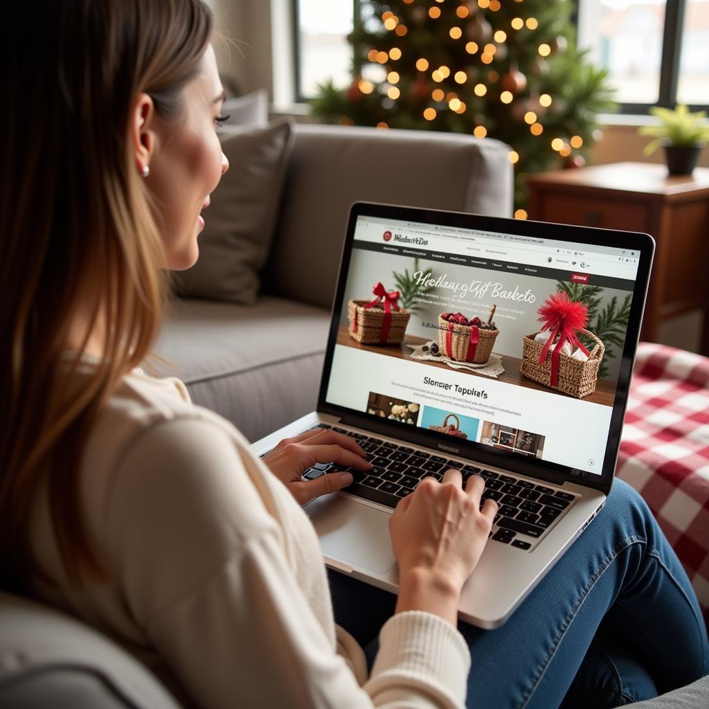 A woman is searching for the perfect holiday gift basket online using her laptop, enjoying the convenience of shopping from home.