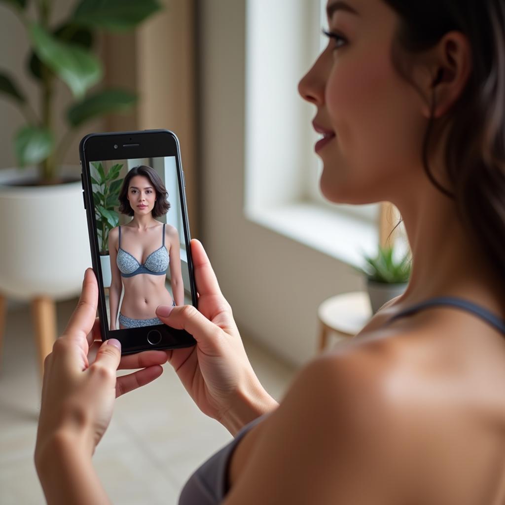 Woman Using Virtual Bra Fitting App