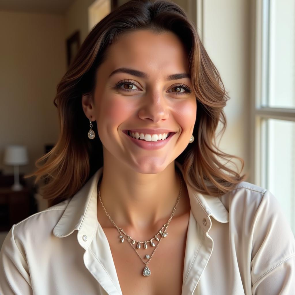 A woman happily wearing the free jewelry she acquired online.